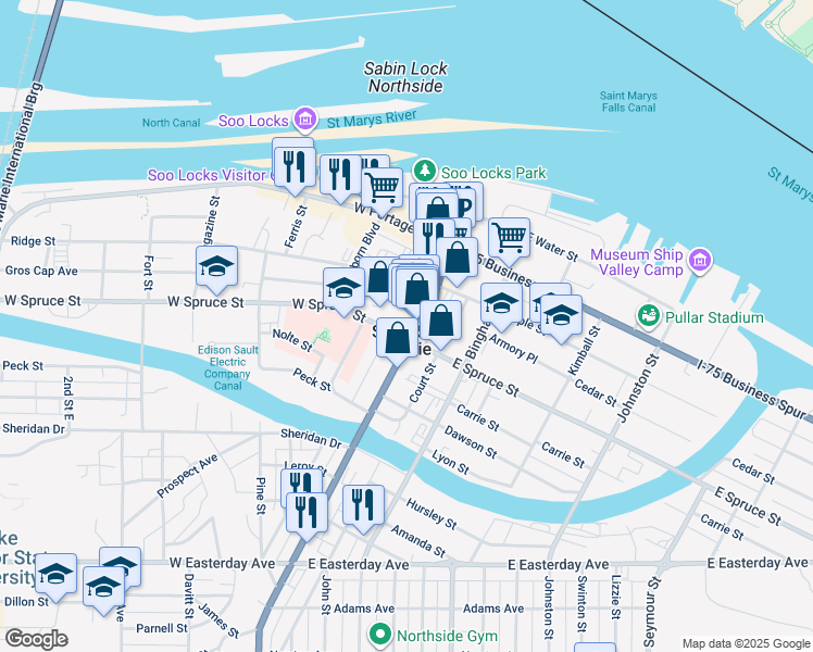 map of restaurants, bars, coffee shops, grocery stores, and more near 131 Arlington Street in Sault Ste. Marie