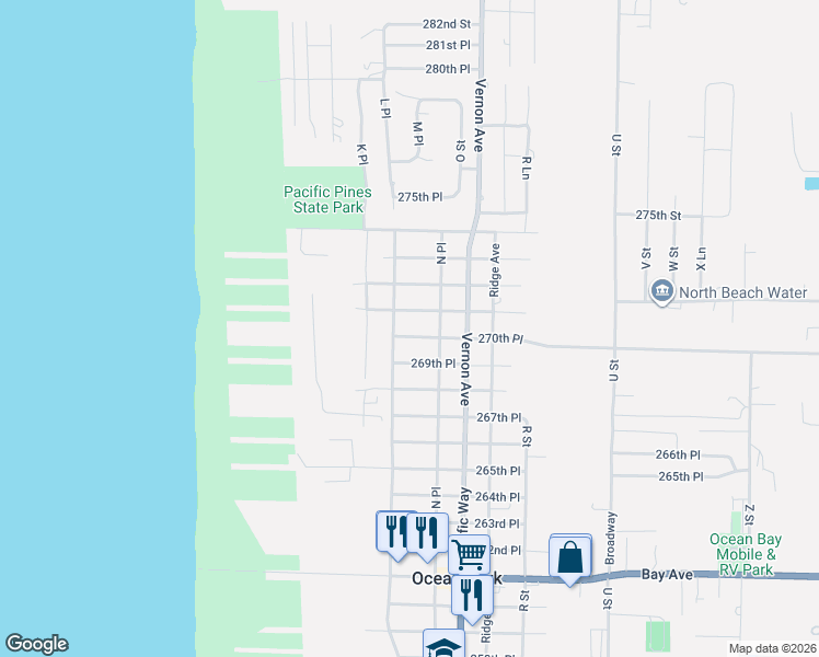 map of restaurants, bars, coffee shops, grocery stores, and more near 1312 271st Place in Ocean Park