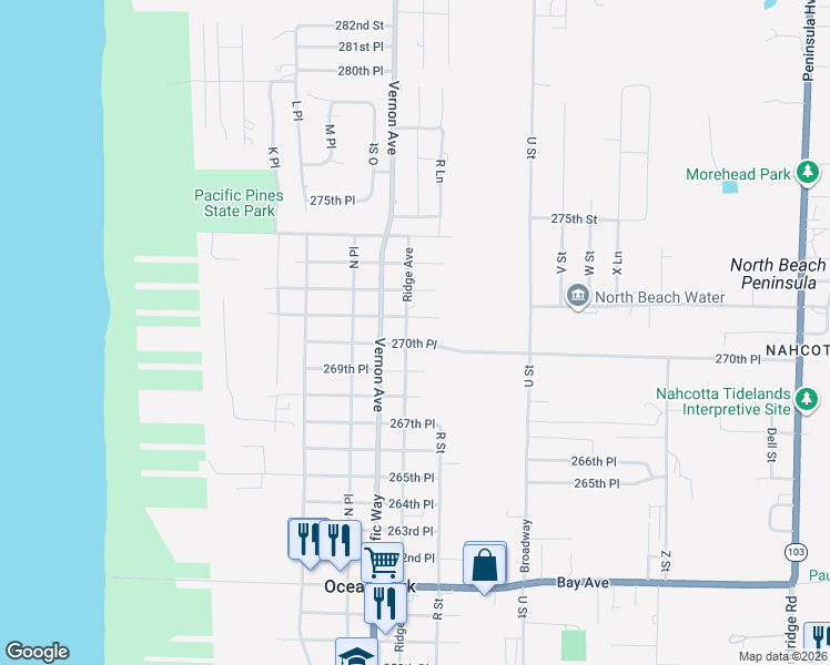 map of restaurants, bars, coffee shops, grocery stores, and more near 27014 Ridge Avenue in Ocean Park
