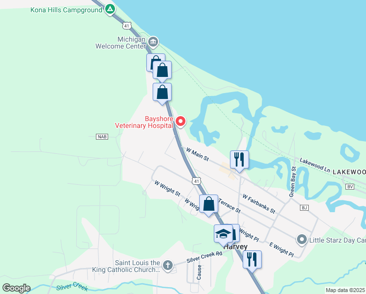 map of restaurants, bars, coffee shops, grocery stores, and more near 399 West Main Street in Chocolay Charter Township