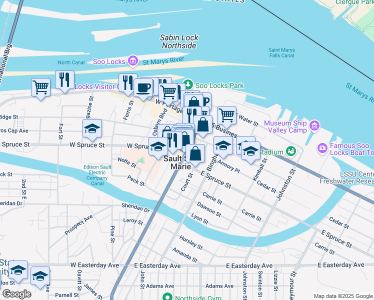 map of restaurants, bars, coffee shops, grocery stores, and more near 321 Ashmun Street in Sault Ste. Marie