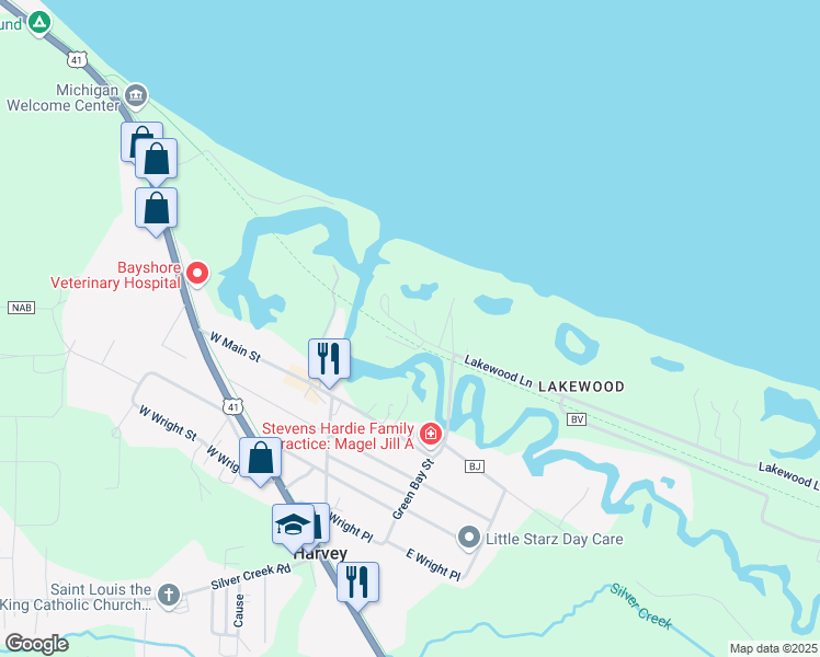 map of restaurants, bars, coffee shops, grocery stores, and more near 115A Lakewood Lane in Marquette