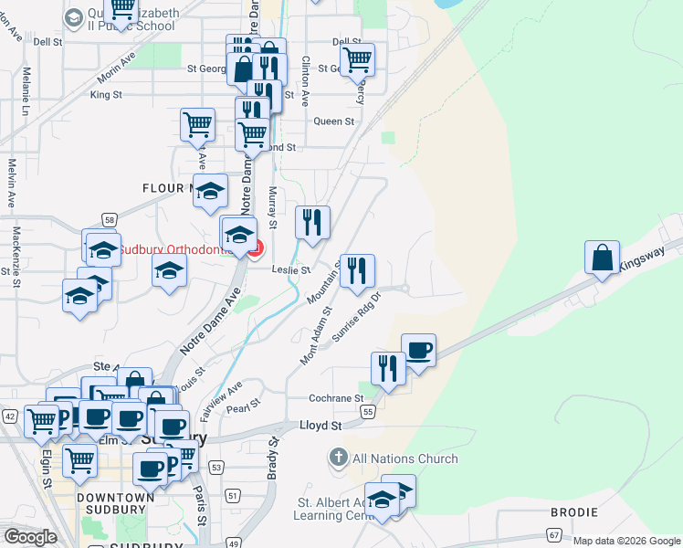 map of restaurants, bars, coffee shops, grocery stores, and more near 246 Mountain Street in Greater Sudbury