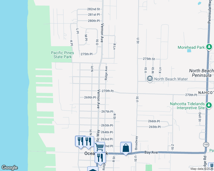 map of restaurants, bars, coffee shops, grocery stores, and more near 27014 Ridge Avenue in Ocean Park