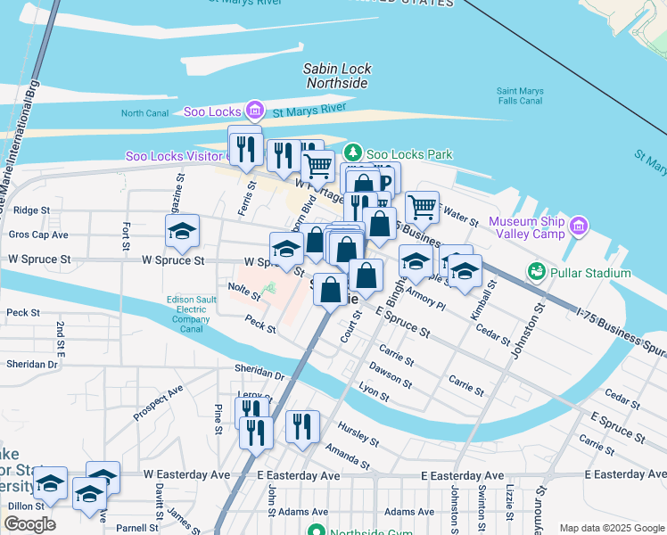 map of restaurants, bars, coffee shops, grocery stores, and more near 131 Arlington Street in Sault Ste. Marie