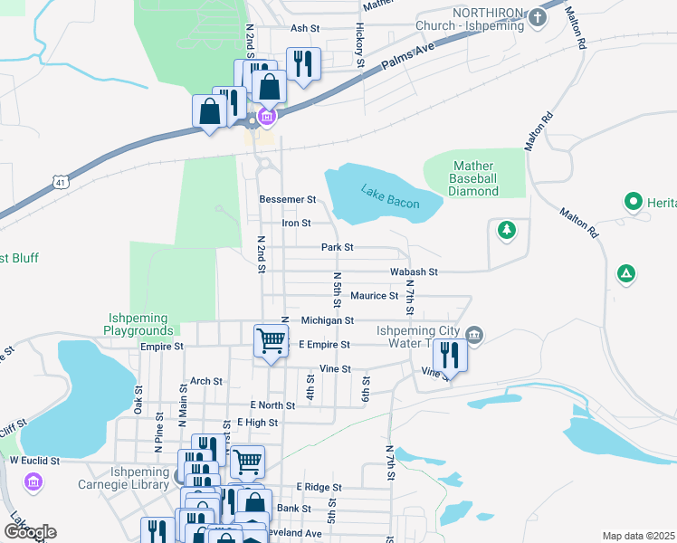map of restaurants, bars, coffee shops, grocery stores, and more near 700 Wabash Street in Ishpeming