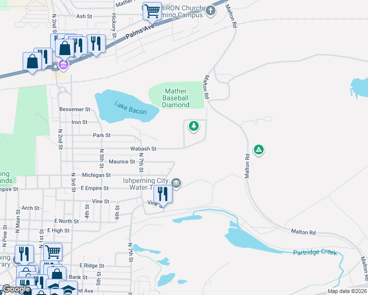 map of restaurants, bars, coffee shops, grocery stores, and more near 1101 9th Street in Ishpeming