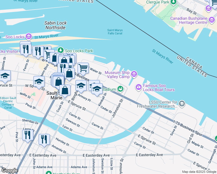 map of restaurants, bars, coffee shops, grocery stores, and more near 337 East Portage Avenue in Sault Ste. Marie