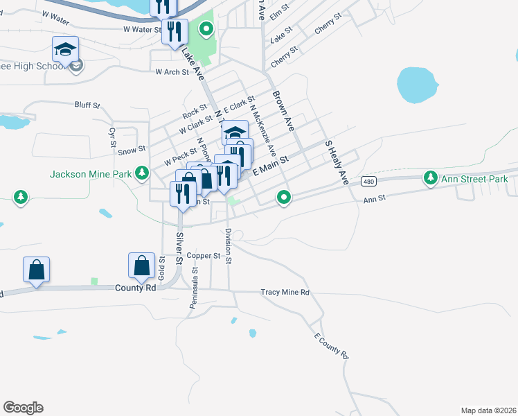 map of restaurants, bars, coffee shops, grocery stores, and more near Iron Ore Heritage Trail in Negaunee
