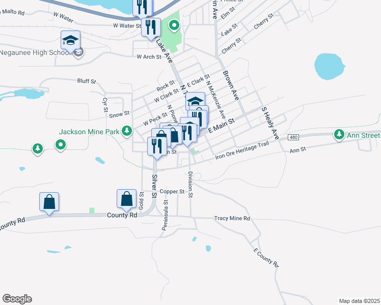 map of restaurants, bars, coffee shops, grocery stores, and more near 200-298 Division Street in Negaunee