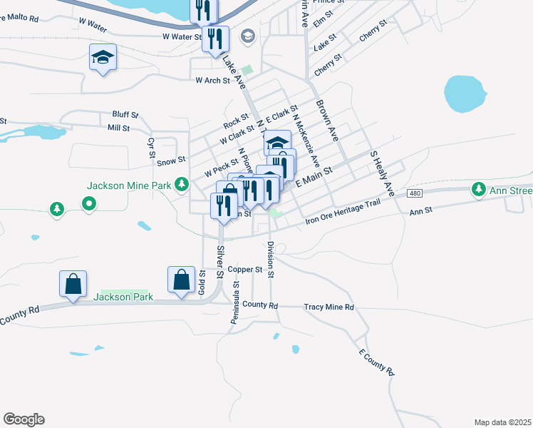 map of restaurants, bars, coffee shops, grocery stores, and more near 218 Iron Street in Negaunee