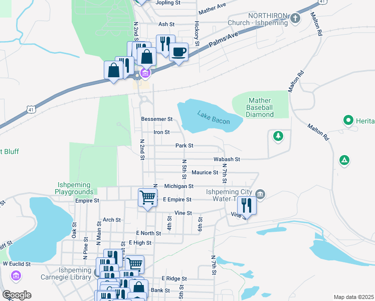 map of restaurants, bars, coffee shops, grocery stores, and more near 700-798 Wabash Street in Ishpeming