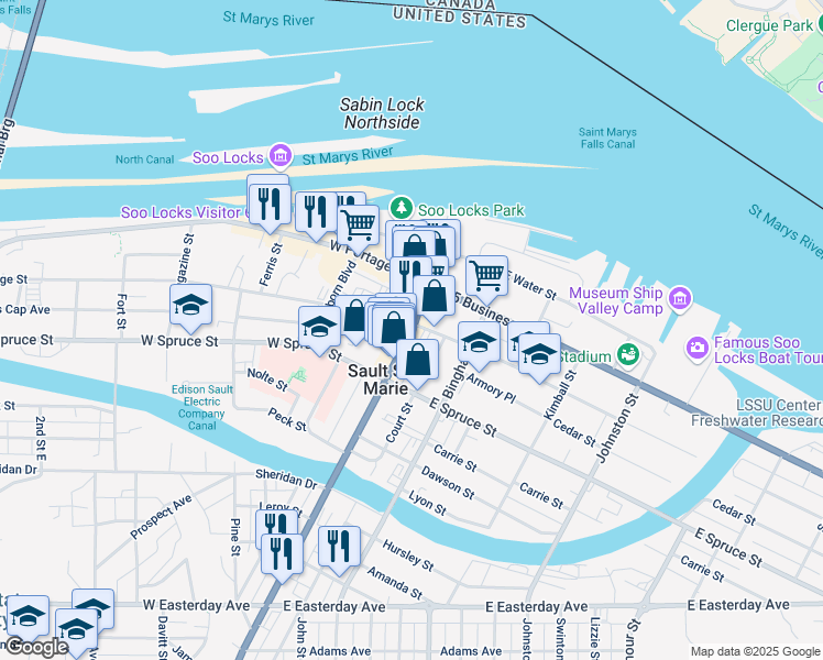 map of restaurants, bars, coffee shops, grocery stores, and more near 321 Ashmun Street in Sault Ste. Marie
