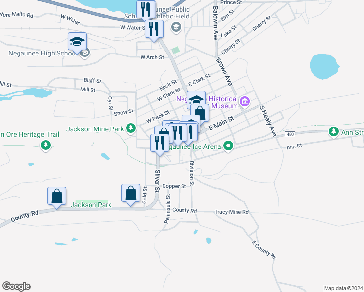 map of restaurants, bars, coffee shops, grocery stores, and more near 218 Iron Street in Negaunee