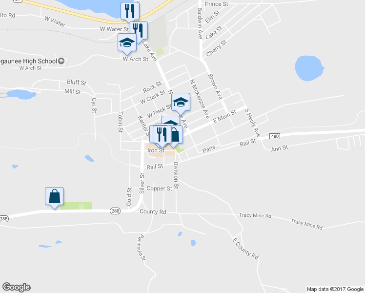 map of restaurants, bars, coffee shops, grocery stores, and more near 298 Division Street in Negaunee