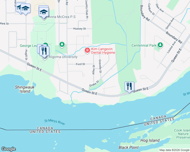 map of restaurants, bars, coffee shops, grocery stores, and more near 24 Atlas Street in Sault Ste. Marie