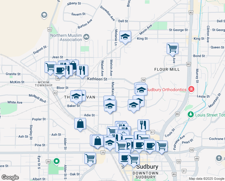 map of restaurants, bars, coffee shops, grocery stores, and more near in Greater Sudbury