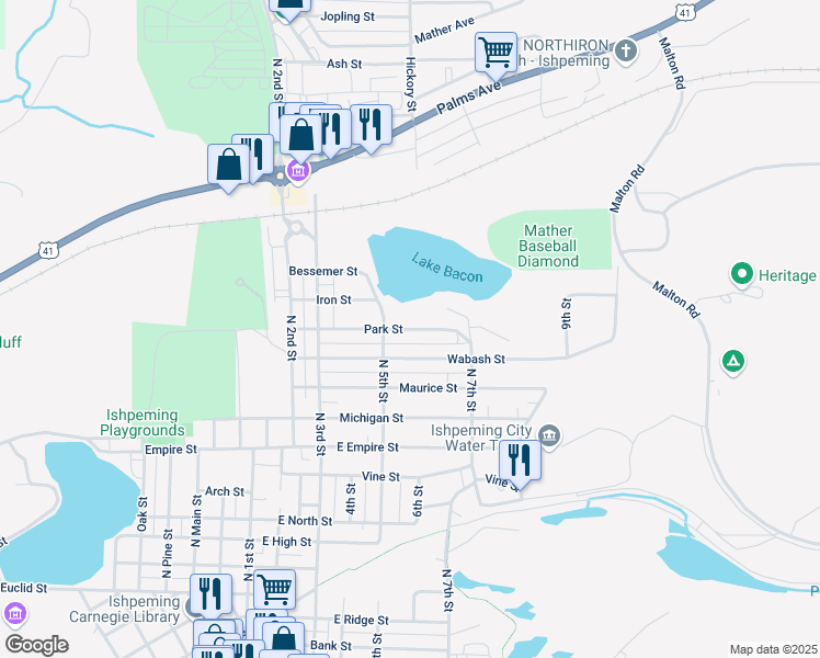 map of restaurants, bars, coffee shops, grocery stores, and more near 723 Park Street in Ishpeming