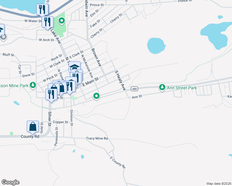 map of restaurants, bars, coffee shops, grocery stores, and more near Iron Ore Heritage Trail in Negaunee