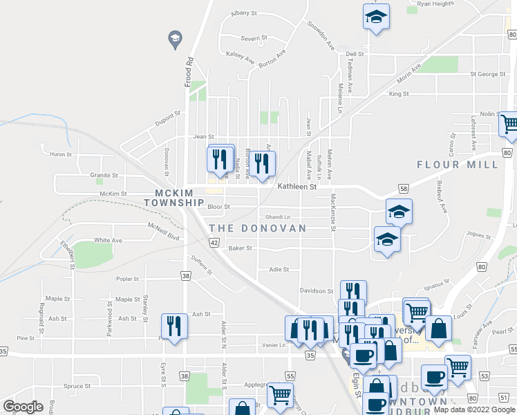 map of restaurants, bars, coffee shops, grocery stores, and more near Bloor St & Lansdowne St in Sudbury
