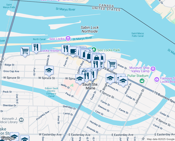 map of restaurants, bars, coffee shops, grocery stores, and more near 146 Ridge Street in Sault Ste. Marie