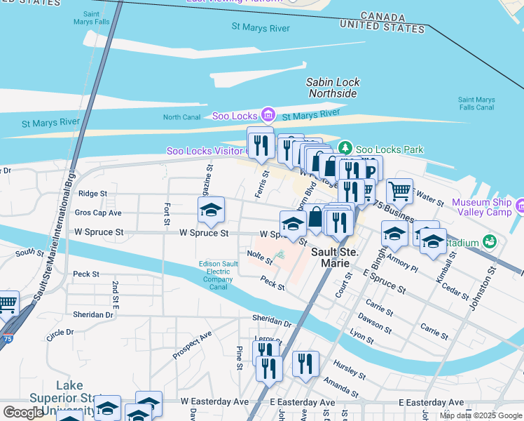 map of restaurants, bars, coffee shops, grocery stores, and more near 247 Ridge Street in Sault Ste. Marie