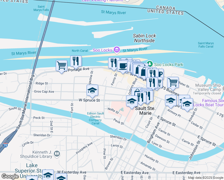 map of restaurants, bars, coffee shops, grocery stores, and more near 247 Ridge Street in Sault Ste. Marie