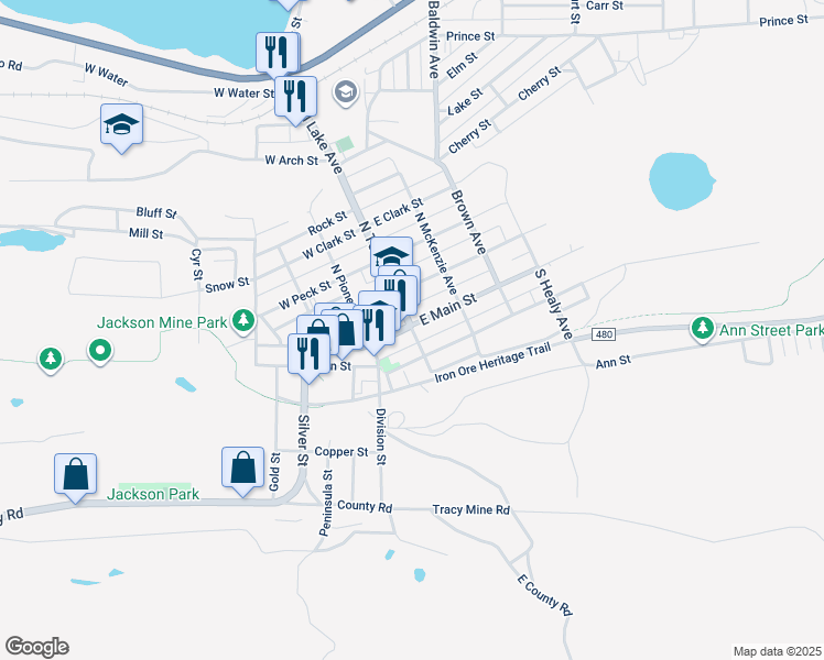 map of restaurants, bars, coffee shops, grocery stores, and more near 100 East Main Street in Negaunee