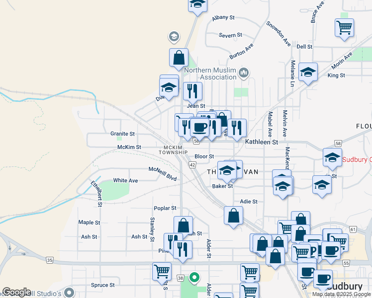 map of restaurants, bars, coffee shops, grocery stores, and more near 605 Kathleen Street in Greater Sudbury