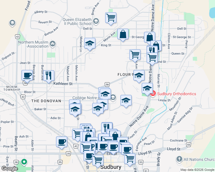 map of restaurants, bars, coffee shops, grocery stores, and more near 213 Kathleen Street in Sudbury
