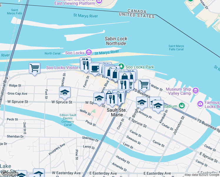 map of restaurants, bars, coffee shops, grocery stores, and more near 146 Ridge Street in Sault Ste. Marie