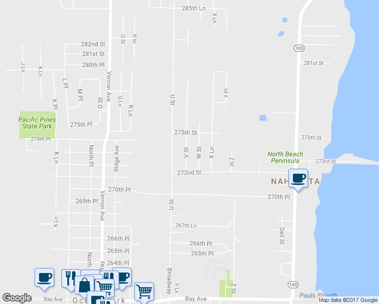 map of restaurants, bars, coffee shops, grocery stores, and more near 27320 V Street in Ocean Park