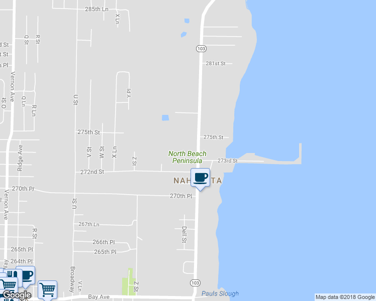 map of restaurants, bars, coffee shops, grocery stores, and more near 27309 Sandridge Road in Ocean Park