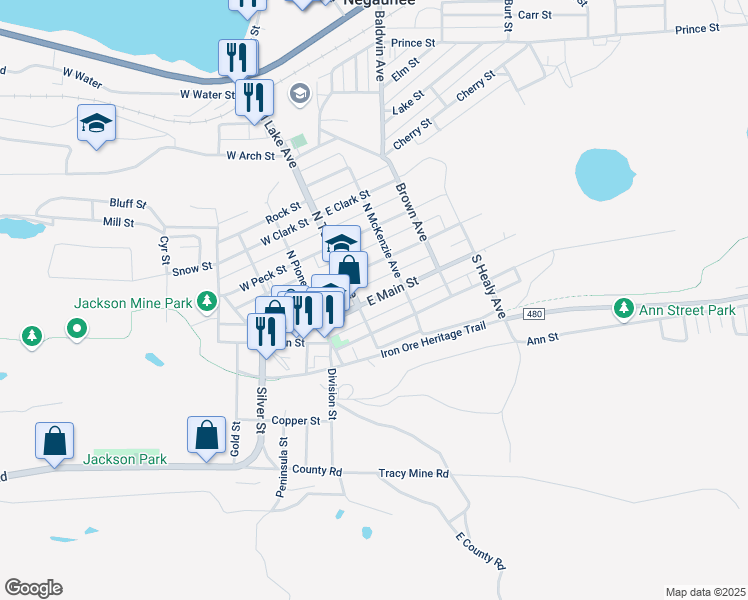 map of restaurants, bars, coffee shops, grocery stores, and more near 132 East Main Street in Negaunee
