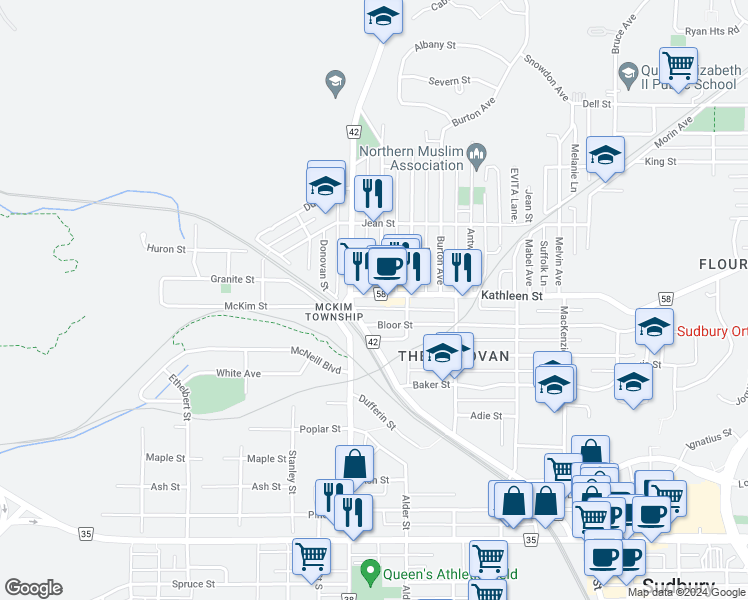 map of restaurants, bars, coffee shops, grocery stores, and more near 605 Kathleen Street in Greater Sudbury