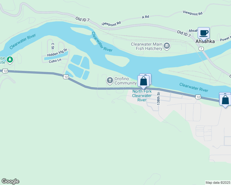map of restaurants, bars, coffee shops, grocery stores, and more near 14224 U.S. 12 in Orofino