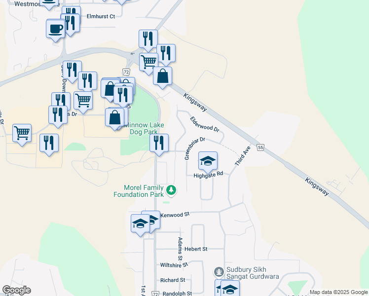 map of restaurants, bars, coffee shops, grocery stores, and more near 2018 Scarlett Road in Sudbury