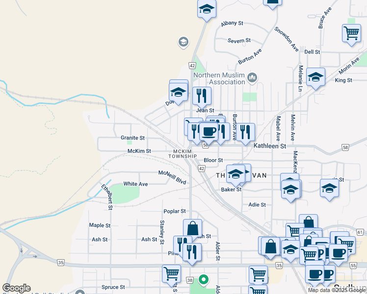 map of restaurants, bars, coffee shops, grocery stores, and more near 369 Donovan Street in Greater Sudbury