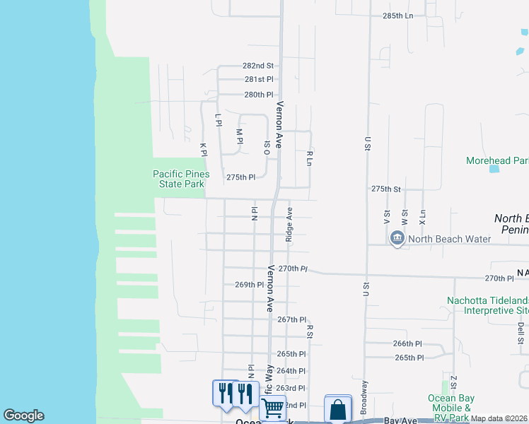 map of restaurants, bars, coffee shops, grocery stores, and more near 1414 273rd Place in Ocean Park