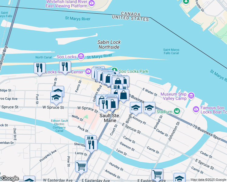 map of restaurants, bars, coffee shops, grocery stores, and more near 123 West Portage Avenue in Sault Ste. Marie
