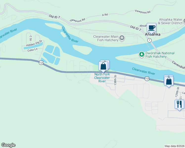map of restaurants, bars, coffee shops, grocery stores, and more near 14001-14039 2nd Avenue West in Orofino