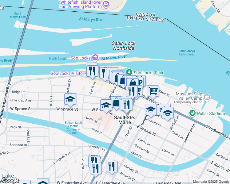 map of restaurants, bars, coffee shops, grocery stores, and more near 215 Osborn Boulevard in Sault Ste. Marie
