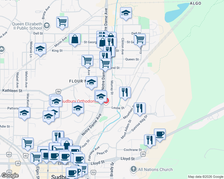 map of restaurants, bars, coffee shops, grocery stores, and more near Murray Street in Sudbury