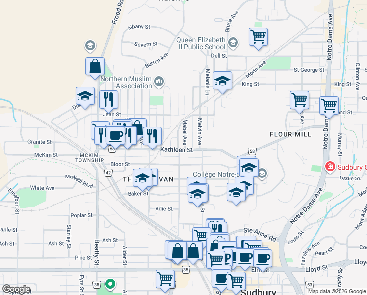 map of restaurants, bars, coffee shops, grocery stores, and more near 408 Kathleen Street in Sudbury