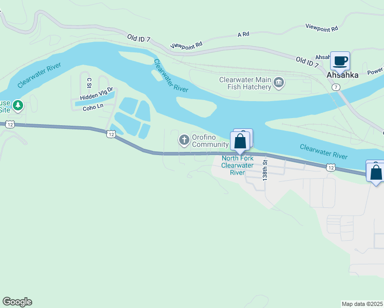 map of restaurants, bars, coffee shops, grocery stores, and more near 14224 U.S. 12 in Orofino