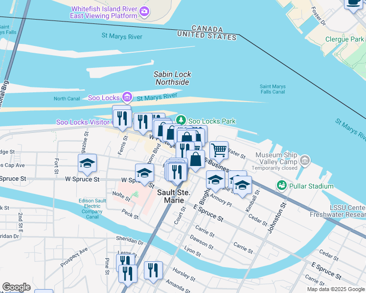 map of restaurants, bars, coffee shops, grocery stores, and more near 123 West Portage Avenue in Sault Ste. Marie