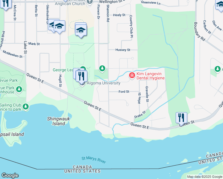 map of restaurants, bars, coffee shops, grocery stores, and more near 4 Ford Street in Sault Ste. Marie