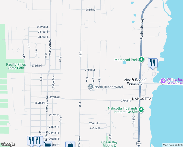 map of restaurants, bars, coffee shops, grocery stores, and more near 2205 275th Street in Ocean Park