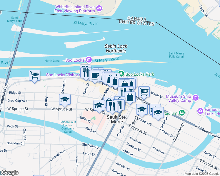 map of restaurants, bars, coffee shops, grocery stores, and more near 215 Osborn Boulevard in Sault Ste. Marie