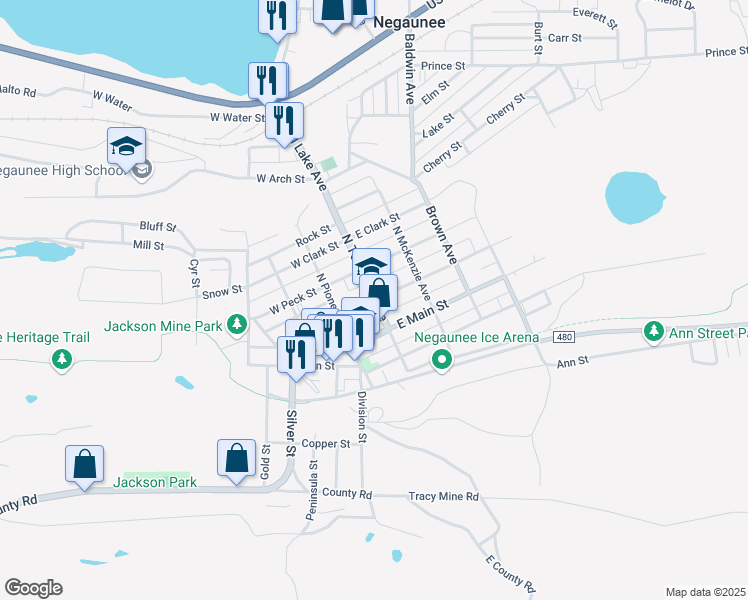 map of restaurants, bars, coffee shops, grocery stores, and more near 102 West Case Street in Negaunee